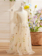 Salbeigrünes Blumenmädchenkleid aus Stoff mit U-Ausschnitt und Tüll (2003227581) 