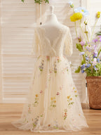 Salbeigrünes Blumenmädchenkleid aus Stoff mit U-Ausschnitt und Tüll (2003227581) 