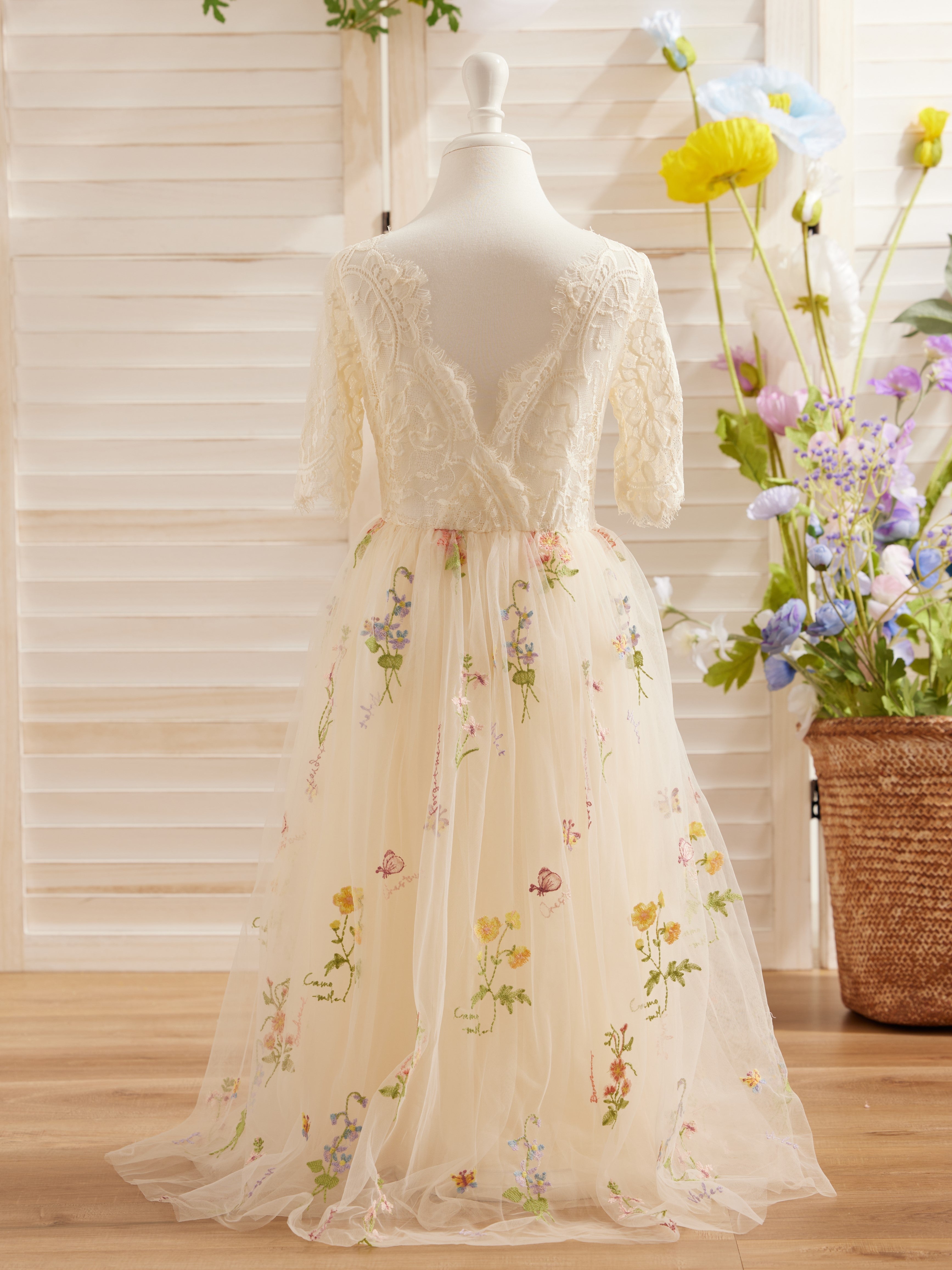 Salbeigrünes Blumenmädchenkleid aus Stoff mit U-Ausschnitt und Tüll (2003227581) 