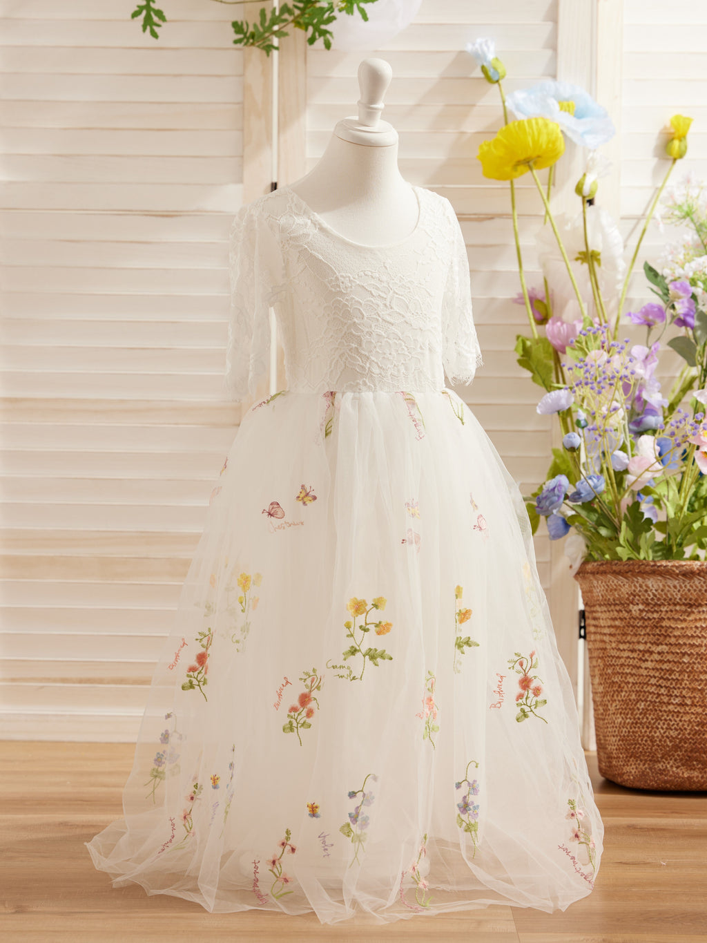 Salbeigrünes Blumenmädchenkleid aus Stoff mit U-Ausschnitt und Tüll (2003227581) 