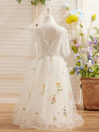 Salbeigrünes Blumenmädchenkleid aus Stoff mit U-Ausschnitt und Tüll (2003227581) 