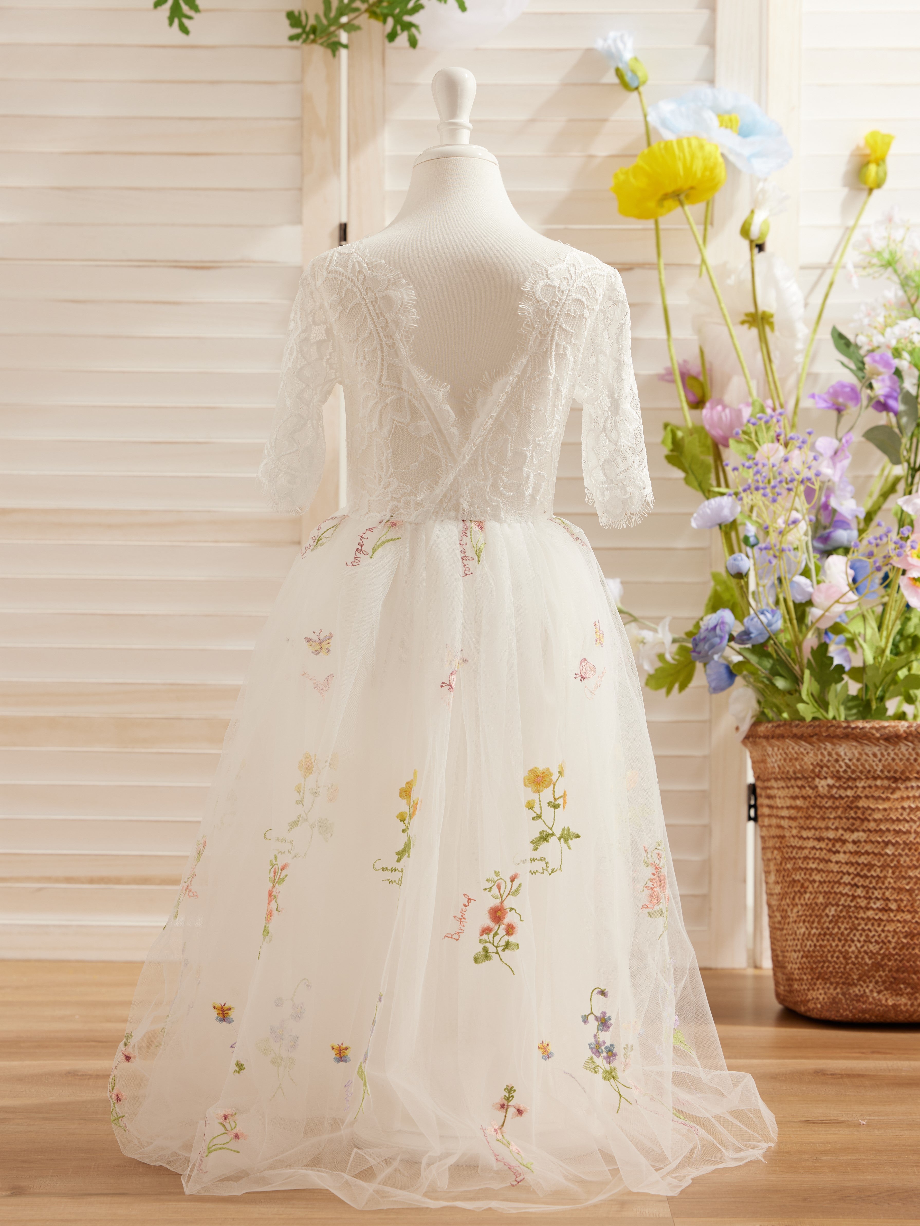 Salbeigrünes Blumenmädchenkleid aus Stoff mit U-Ausschnitt und Tüll (2003227581) 