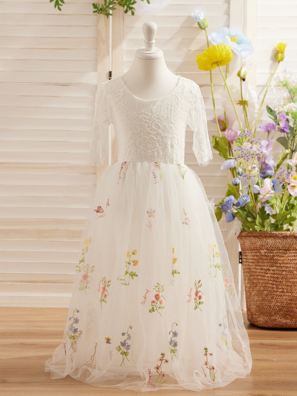 Salbeigrünes Blumenmädchenkleid aus Stoff mit U-Ausschnitt und Tüll (2003227581) 