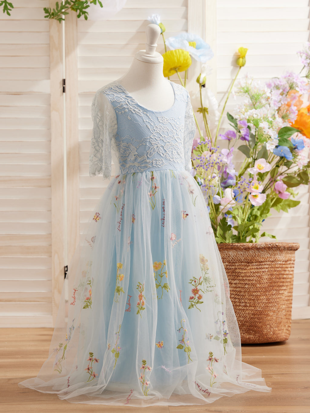 Salbeigrünes Blumenmädchenkleid aus Stoff mit U-Ausschnitt und Tüll (2003227581) 