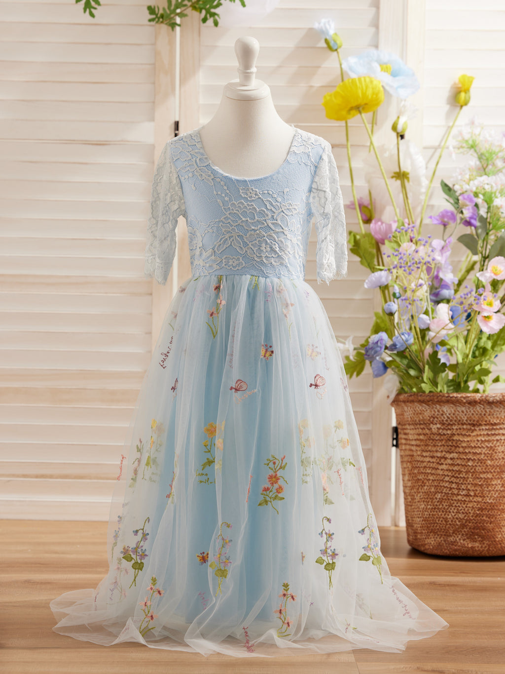 Salbeigrünes Blumenmädchenkleid aus Stoff mit U-Ausschnitt und Tüll (2003227581) 