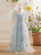 Salbeigrünes Blumenmädchenkleid aus Stoff mit U-Ausschnitt und Tüll (2003227581) 