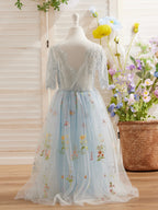 Salbeigrünes Blumenmädchenkleid aus Stoff mit U-Ausschnitt und Tüll (2003227581) 