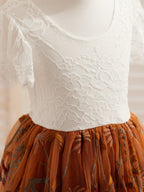 Burnt Orange White Lace Tulle Embroidered Knee Length Flower Girl Dress