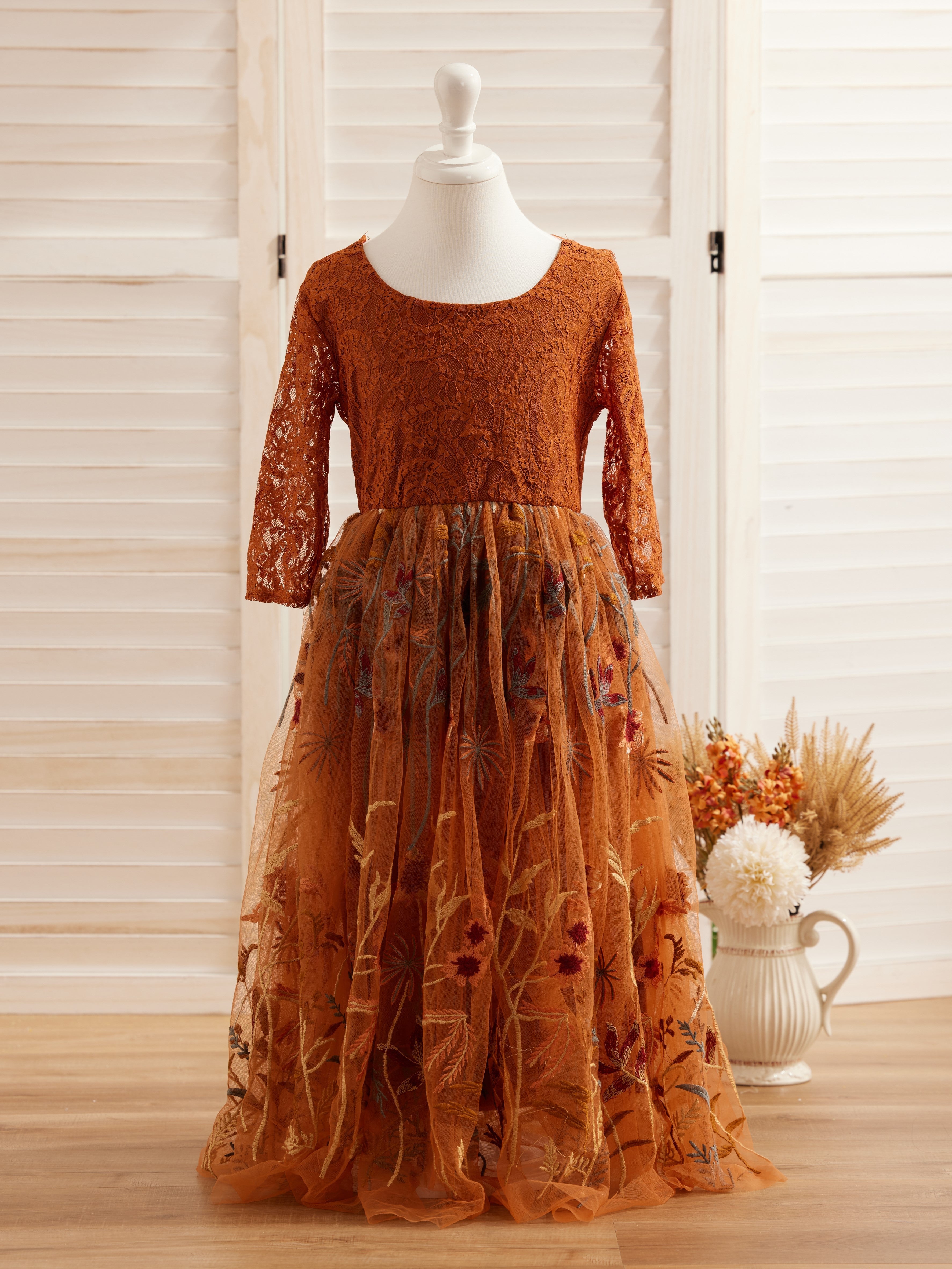 Burnt Orange Lace Tulle Embroidered Ankle Length Flower Girl Dress