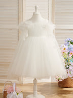 Duchesse-Linie/Princess-Linie Satin Tüll Wadenlang Elfenbein Blumenmädchenkleid 