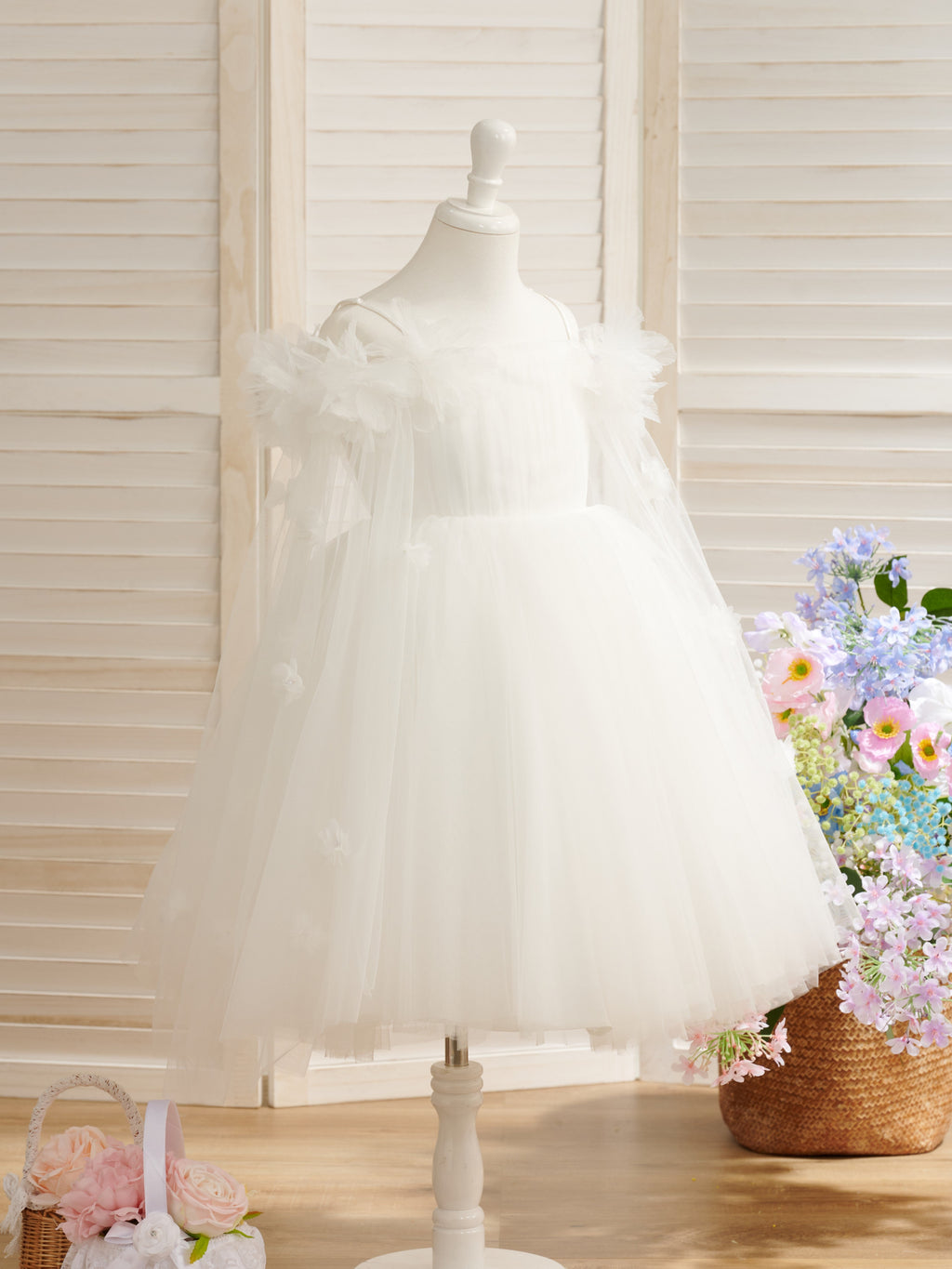 Duchesse-Linie/Princess-Linie Satin Tüll Wadenlang Elfenbein Blumenmädchenkleid 