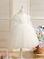 Duchesse-Linie/Princess-Linie Satin Tüll Wadenlang Elfenbein Blumenmädchenkleid 