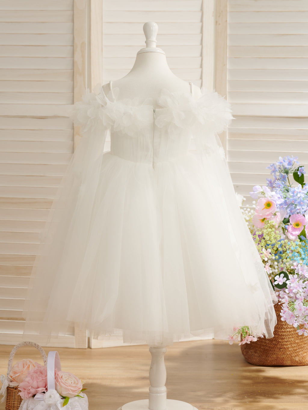 Duchesse-Linie/Princess-Linie Satin Tüll Wadenlang Elfenbein Blumenmädchenkleid 