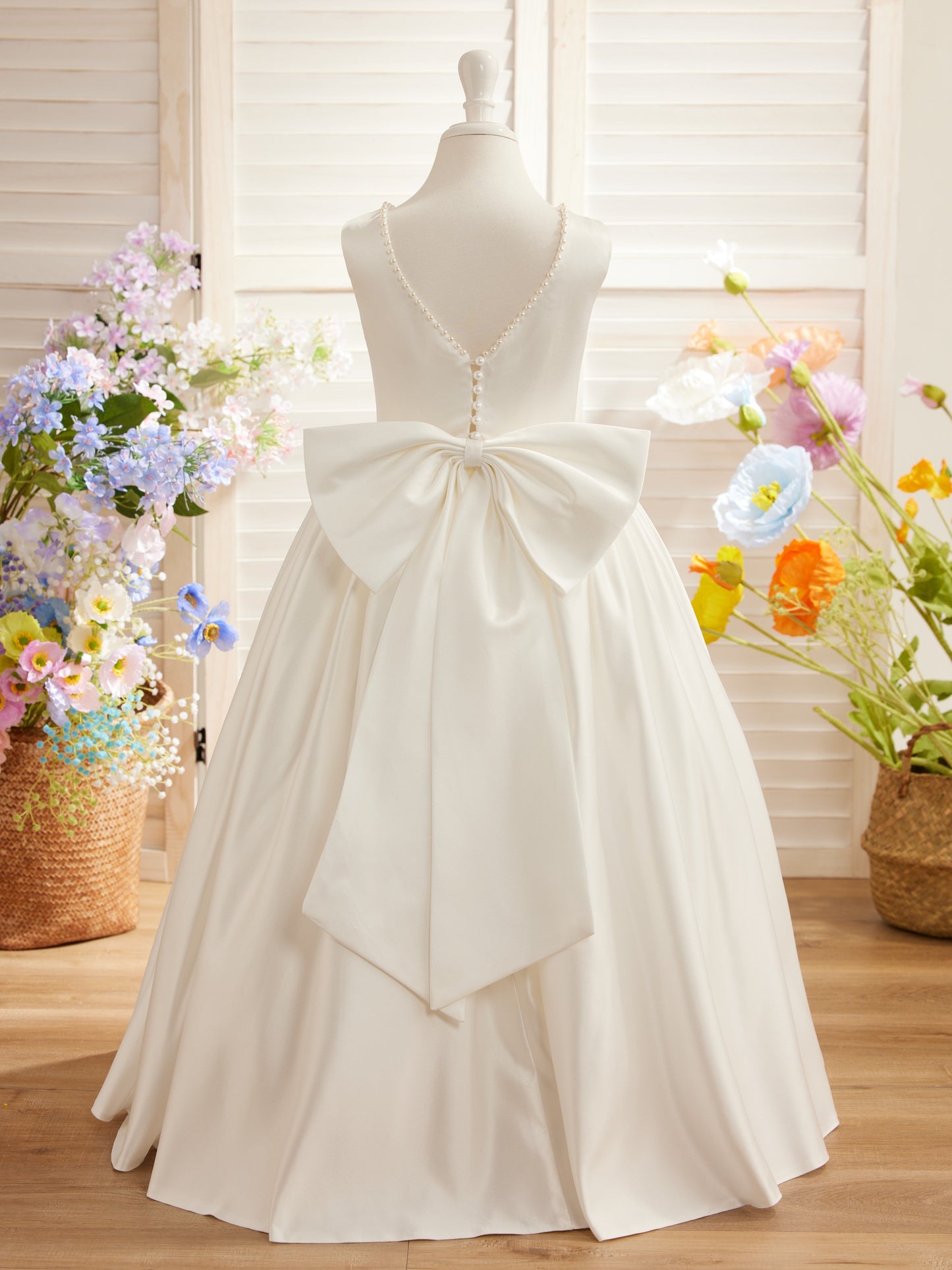 Sleeveless Satin Beaded Neckline and Bow Detail Dress