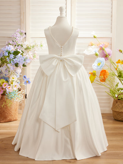 Sleeveless Satin Beaded Neckline and Bow Detail Dress