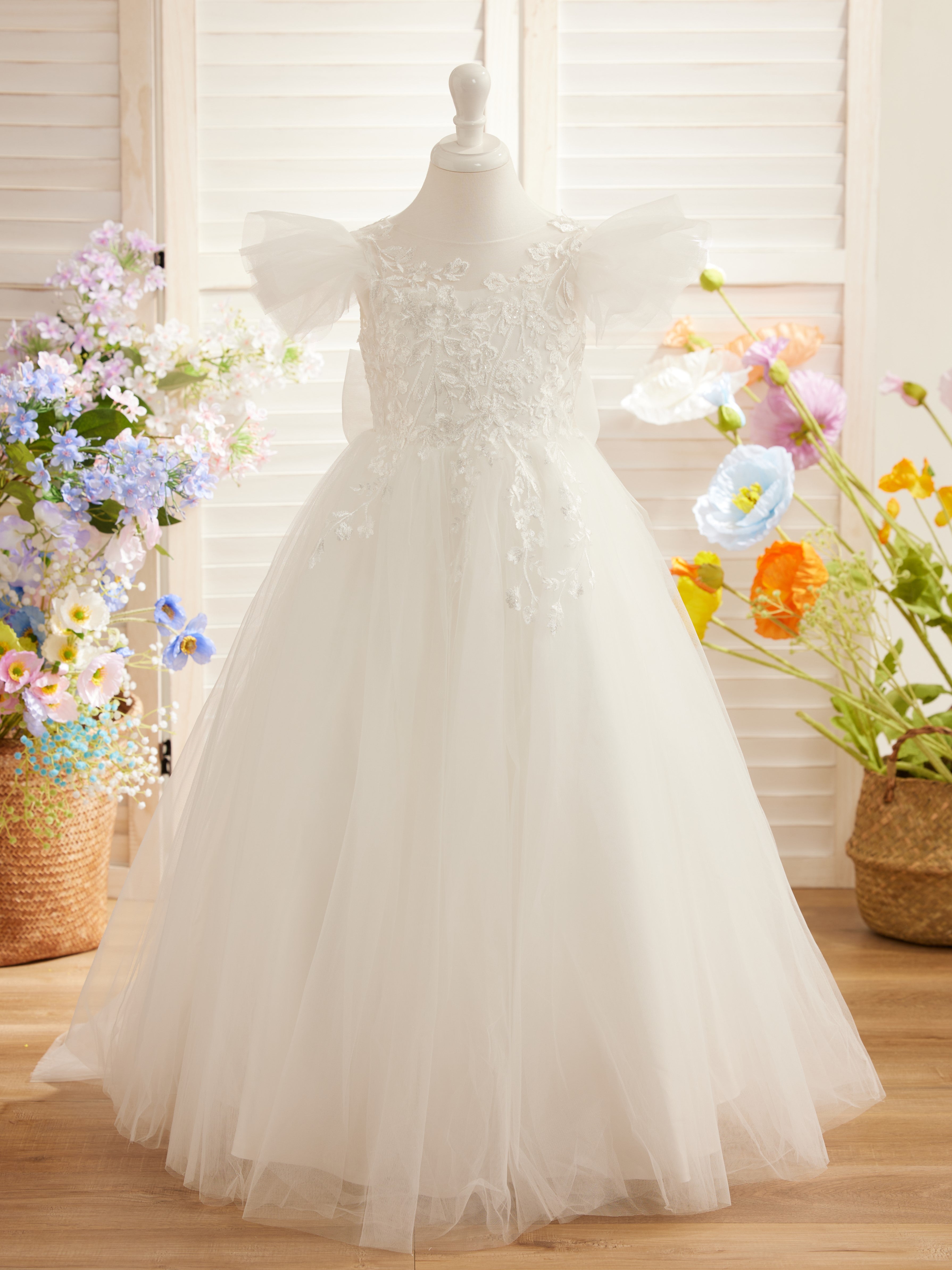 Abnehmbares Blumenmädchenkleid aus Spitze und Tüll mit Schleppe 