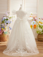 Abnehmbares Blumenmädchenkleid aus Spitze und Tüll mit Schleppe 