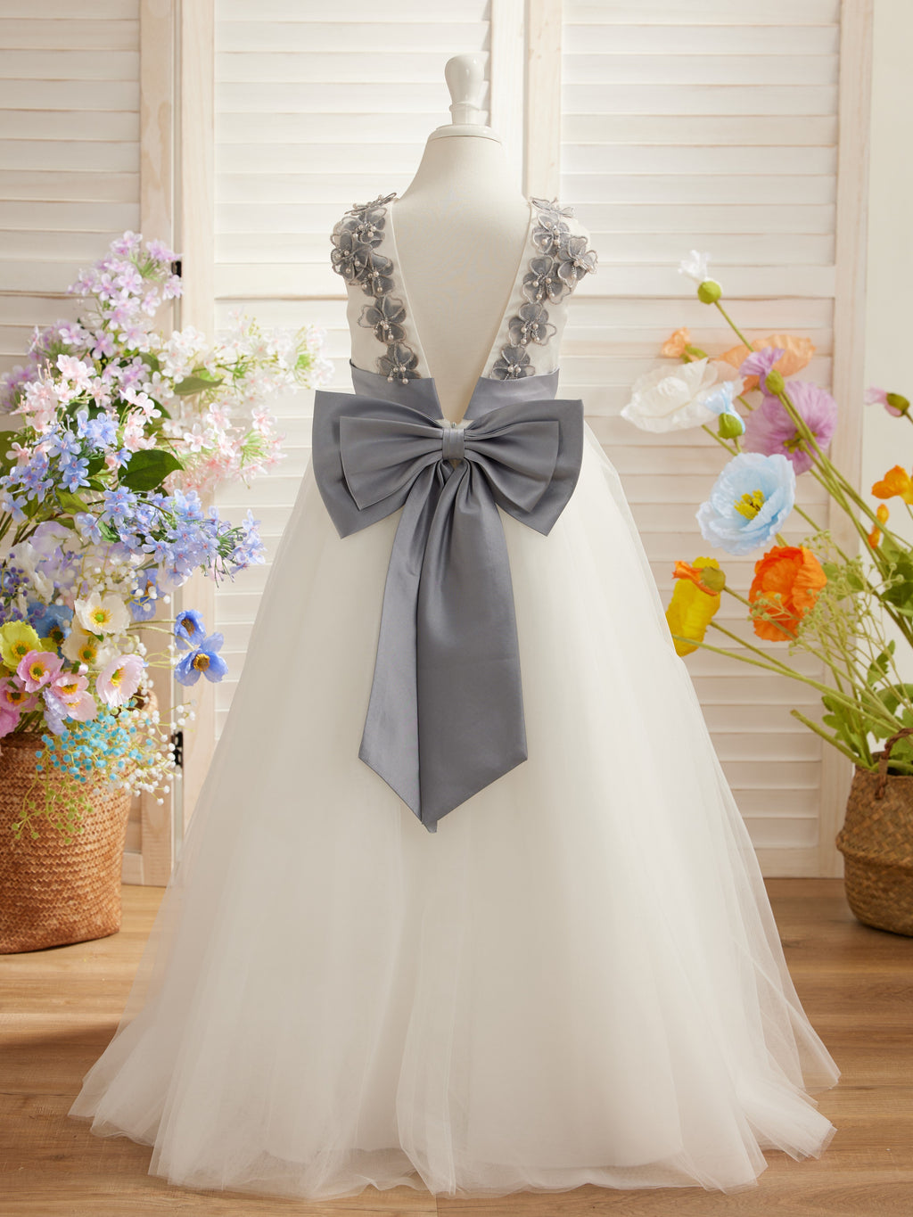 Ballkleid/Princess-Linie 3D-Blumen Tüll Bodenlang Elfenbein Blumenmädchenkleid 