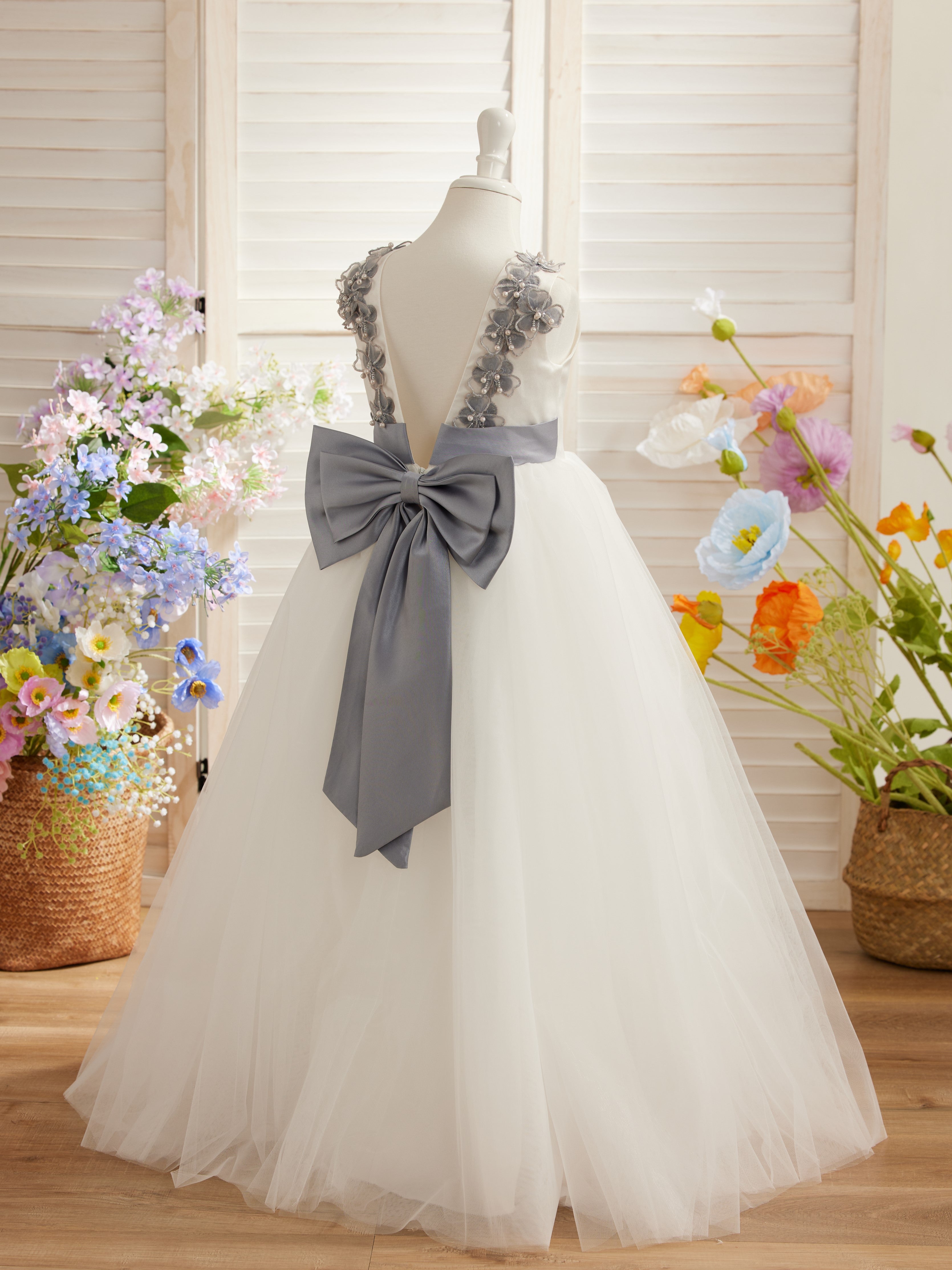 Ballkleid/Princess-Linie 3D-Blumen Tüll Bodenlang Elfenbein Blumenmädchenkleid 