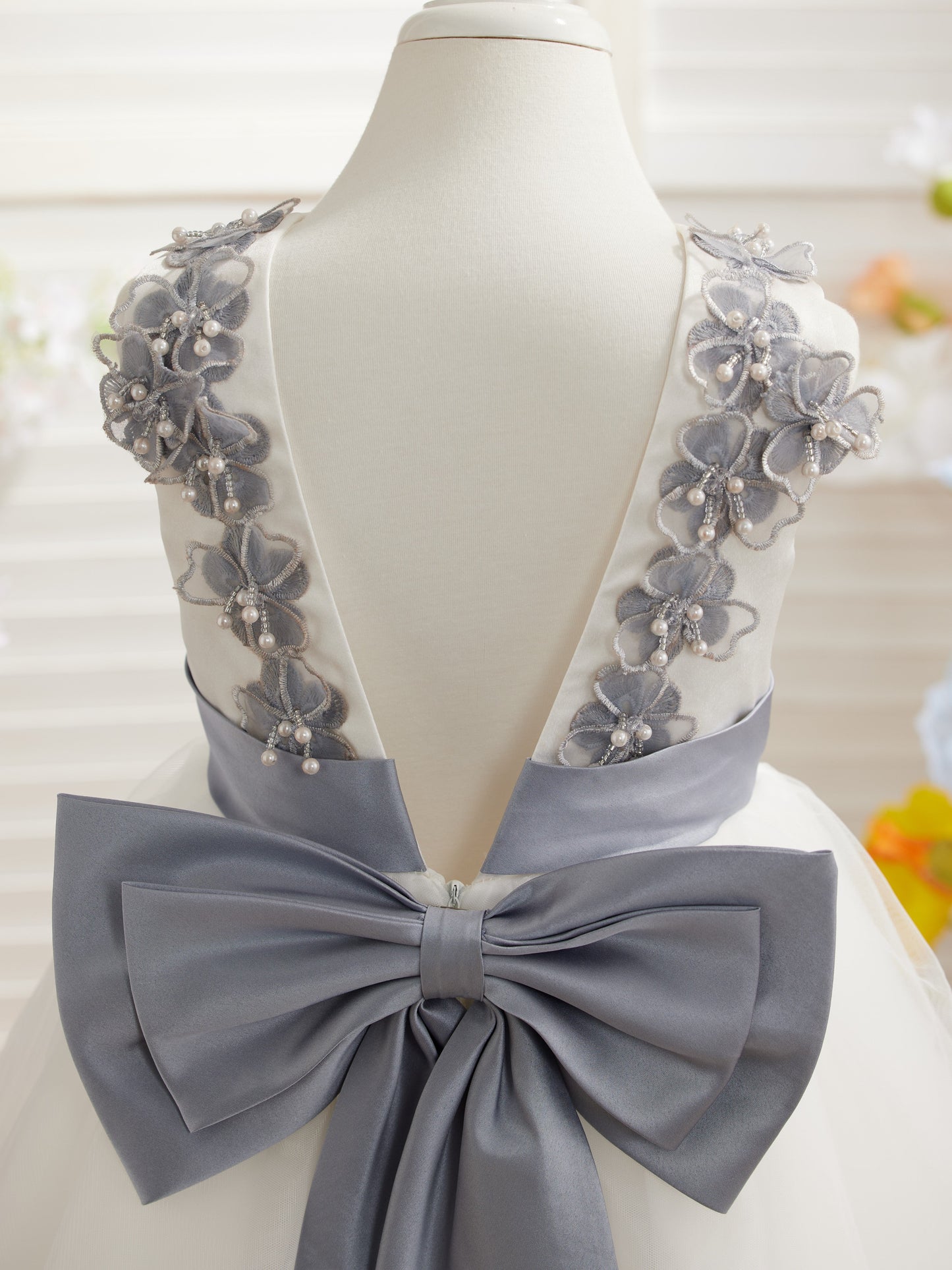 Vestido de fiesta/princesa con flores 3D de tul hasta el suelo color marfil para niña de las flores