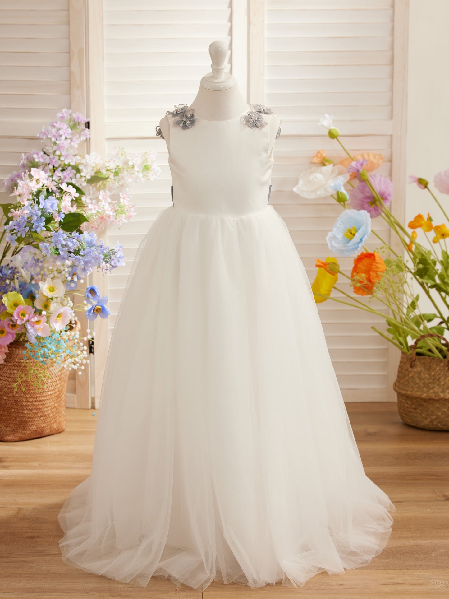 Vestido de fiesta/princesa con flores 3D de tul hasta el suelo color marfil para niña de las flores