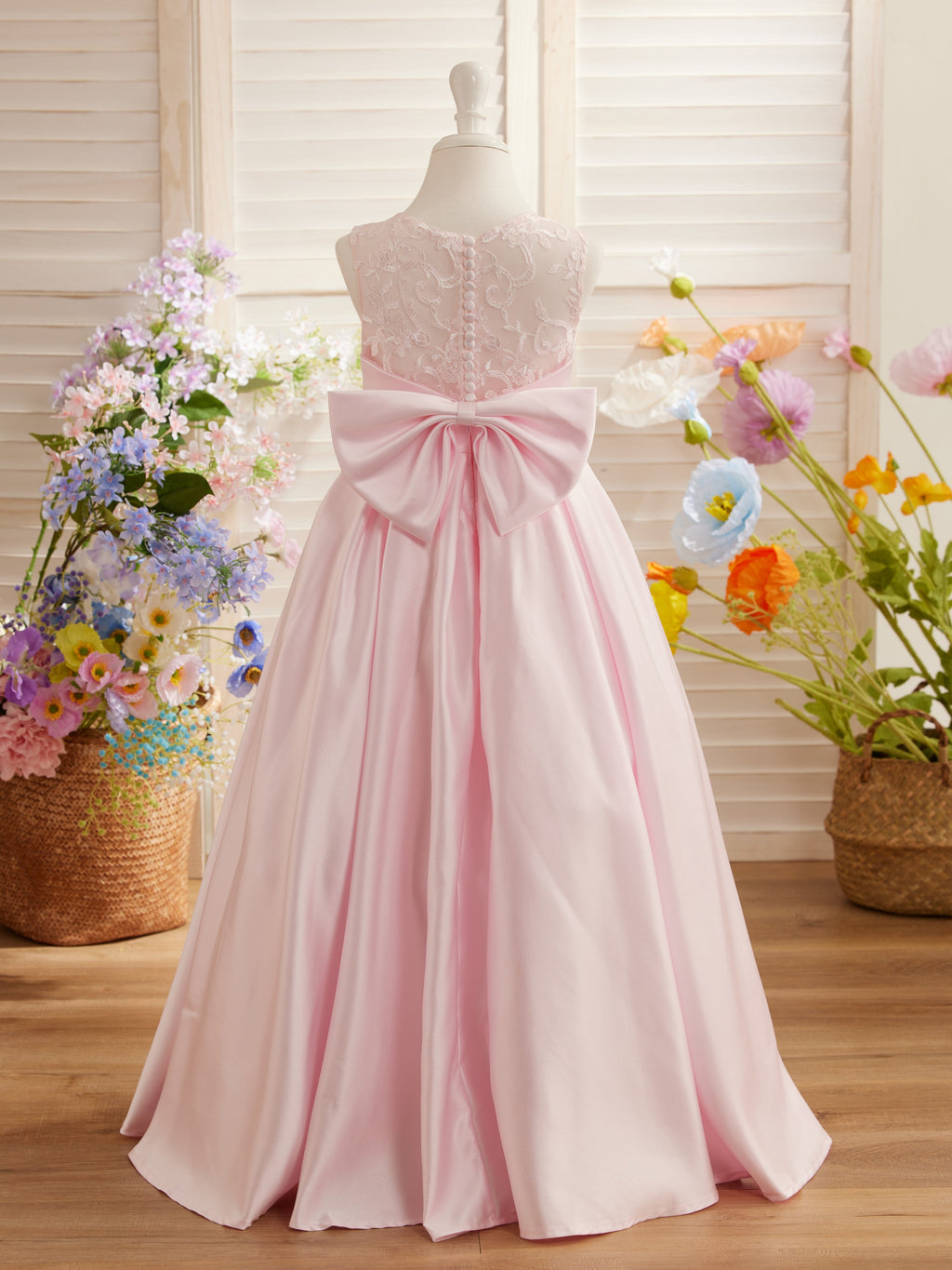 A-Linie Spitze Satin Bodenlang Erstkommunionkleid für Blumenmädchen 