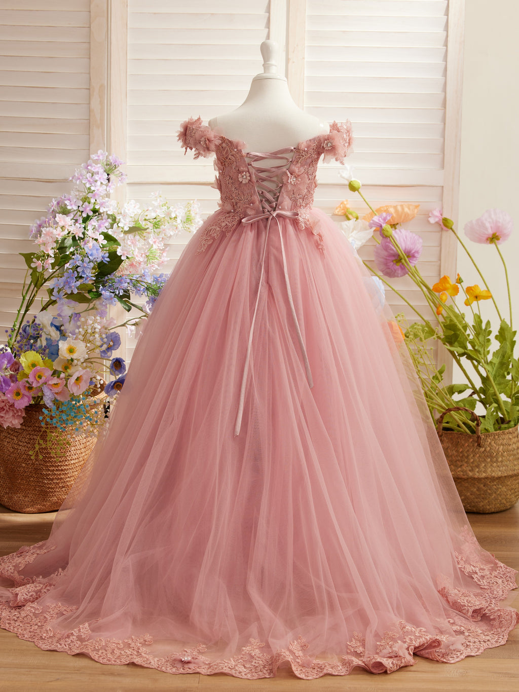 Vestido de fiesta/princesa de encaje con cola larga, color rosa, para cumpleaños
