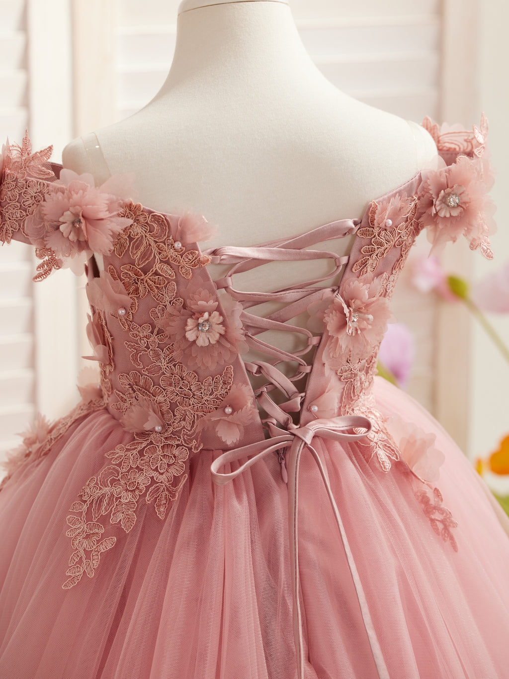 Vestido de fiesta/princesa de encaje con cola larga, color rosa, para cumpleaños