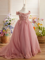 Vestido de fiesta/princesa de encaje con cola larga, color rosa, para cumpleaños