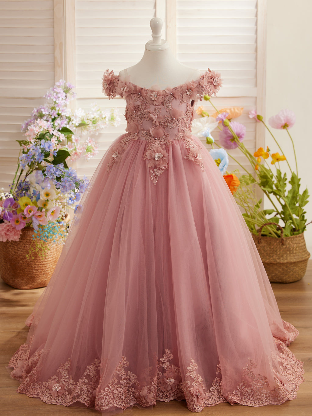 Vestido de fiesta/princesa de encaje con cola larga, color rosa, para cumpleaños