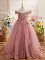 Vestido de fiesta/princesa de encaje con cola larga, color rosa, para cumpleaños