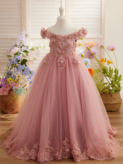 Ball-Gown/Princess Lace Sweep Train Pink Birthday Dress