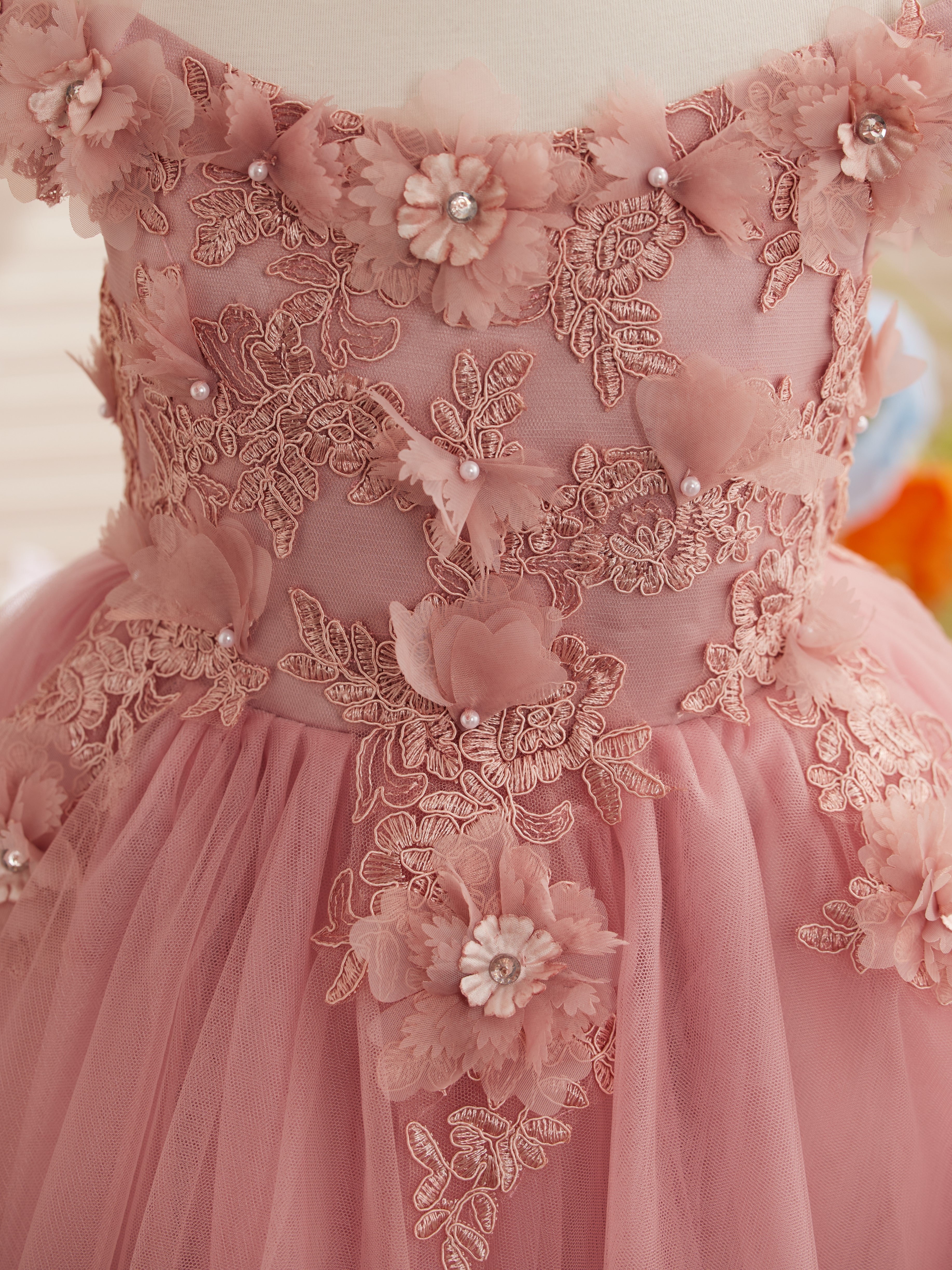 Vestido de fiesta/princesa de encaje con cola larga, color rosa, para cumpleaños