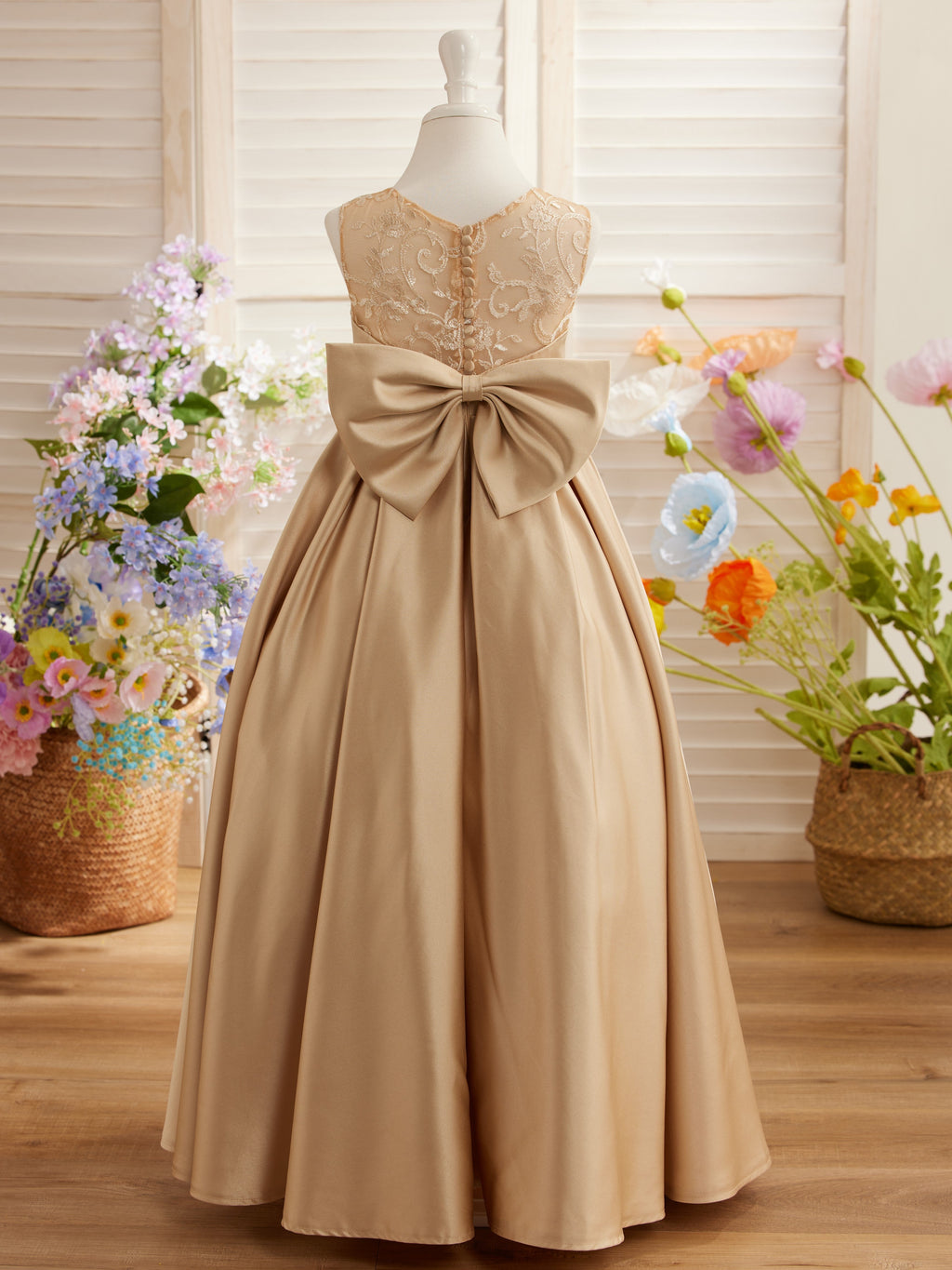 A-Linie Spitze Satin Bodenlang Erstkommunionkleid für Blumenmädchen 