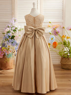 A-Linie Spitze Satin Bodenlang Erstkommunionkleid für Blumenmädchen 