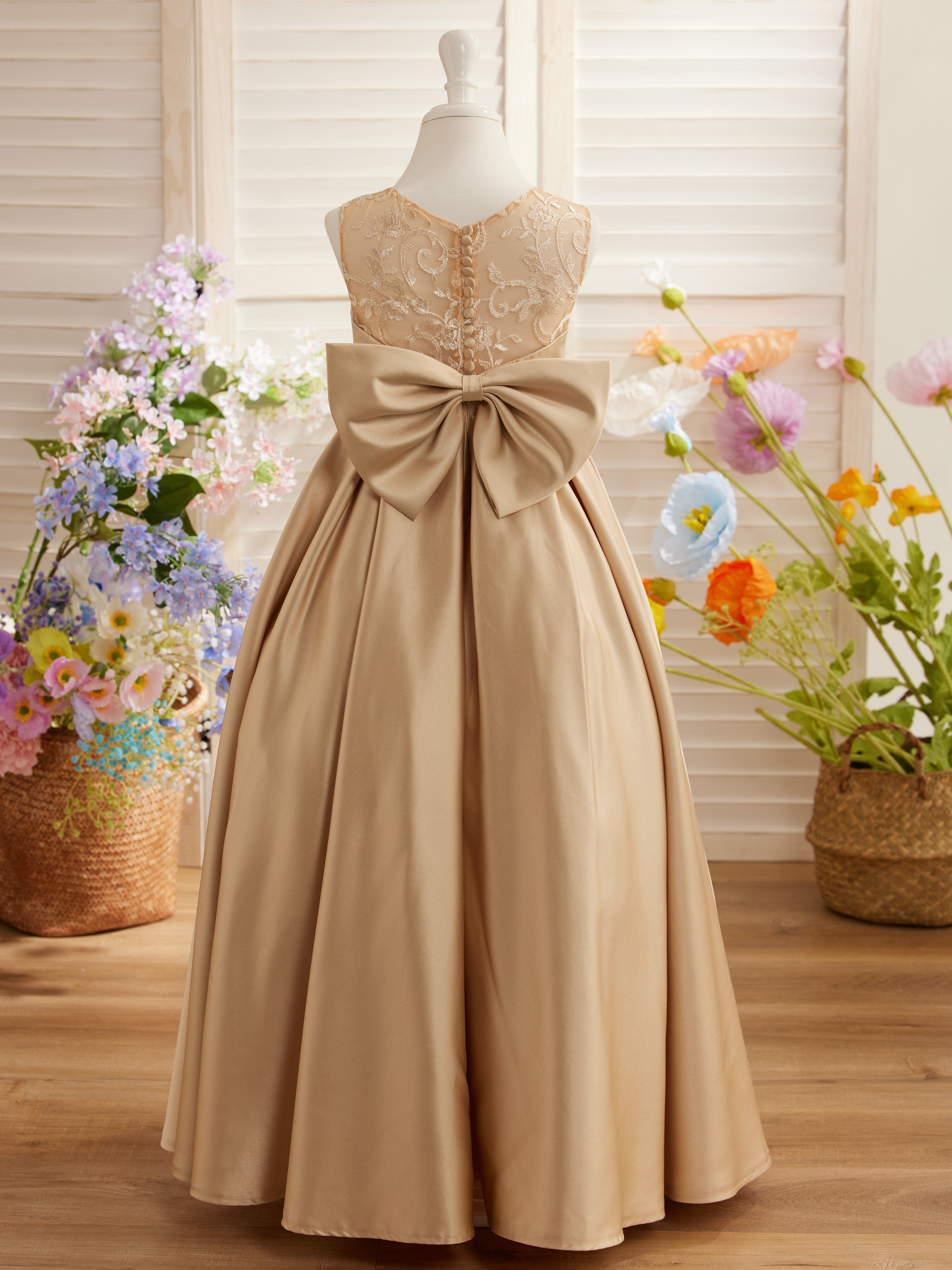 A-Linie Spitze Satin Bodenlang Erstkommunionkleid für Blumenmädchen 