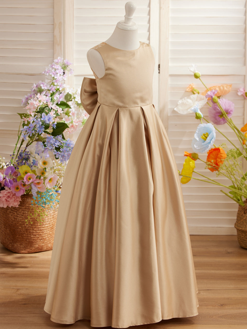 A-Linie Spitze Satin Bodenlang Erstkommunionkleid für Blumenmädchen 