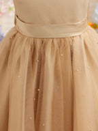 Vestido de niña de las flores de satén, tul y hasta la rodilla, estilo princesa
