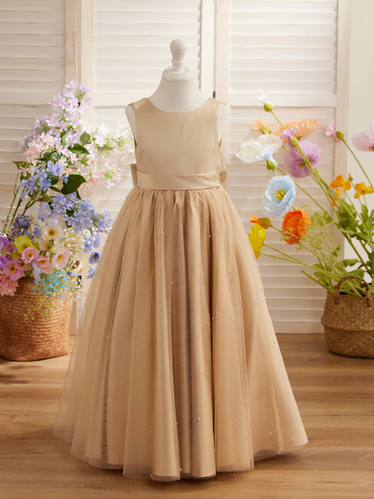 Duchesse-Linie/Princess-Linie Satin Tüll Champagner Blumenmädchenkleid 