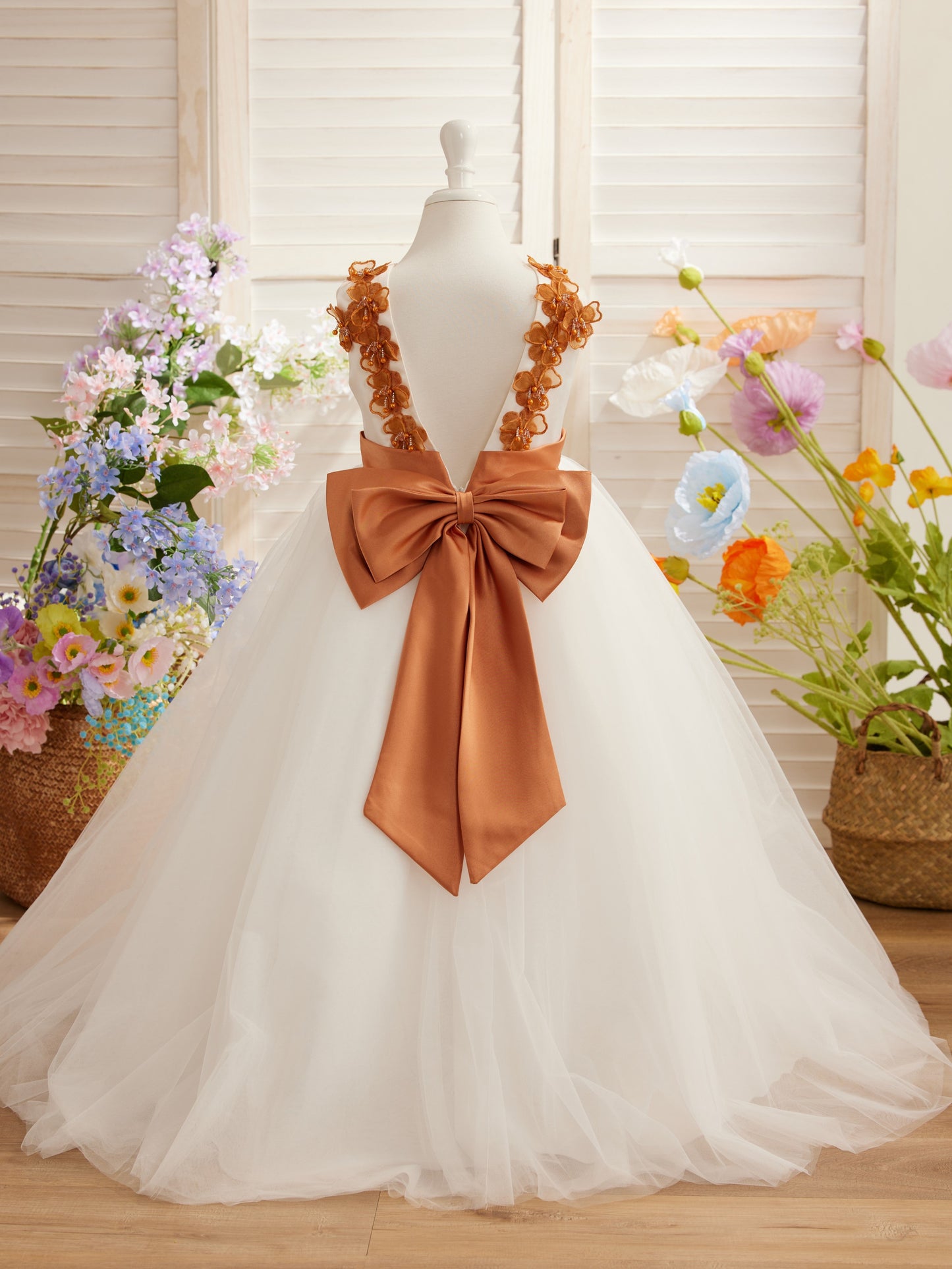 Vestido de fiesta/princesa con flores 3D de tul hasta el suelo color marfil para niña de las flores