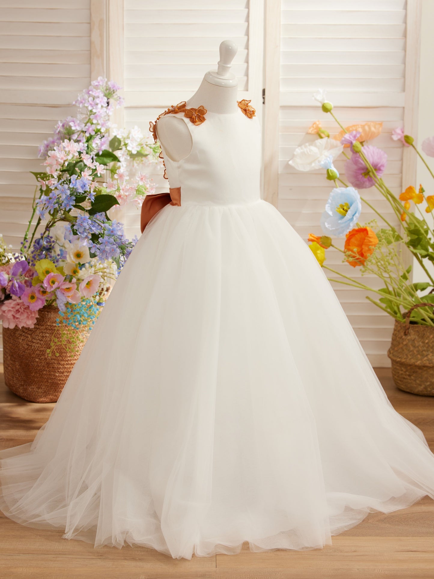 Vestido de fiesta/princesa con flores 3D de tul hasta el suelo color marfil para niña de las flores