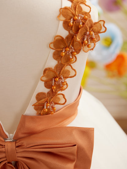 Vestido de fiesta/princesa con flores 3D de tul hasta el suelo color marfil para niña de las flores