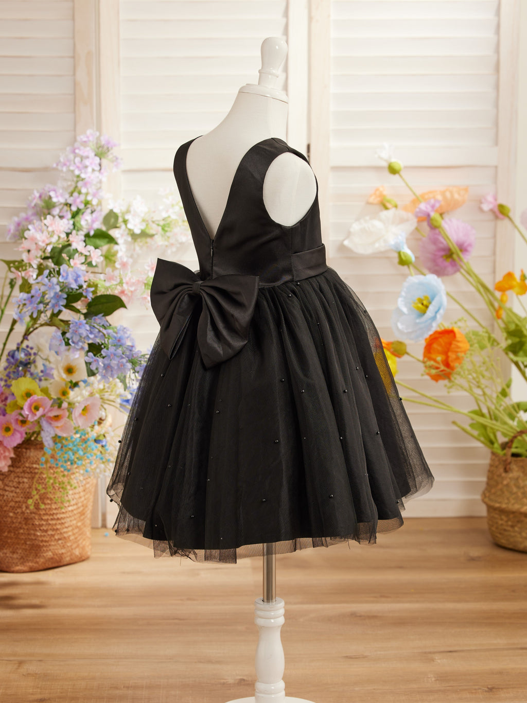 Vestido de niña de las flores de satén, tul y hasta la rodilla, estilo princesa