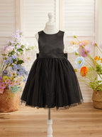 Vestido de niña de las flores de satén, tul y hasta la rodilla, estilo princesa