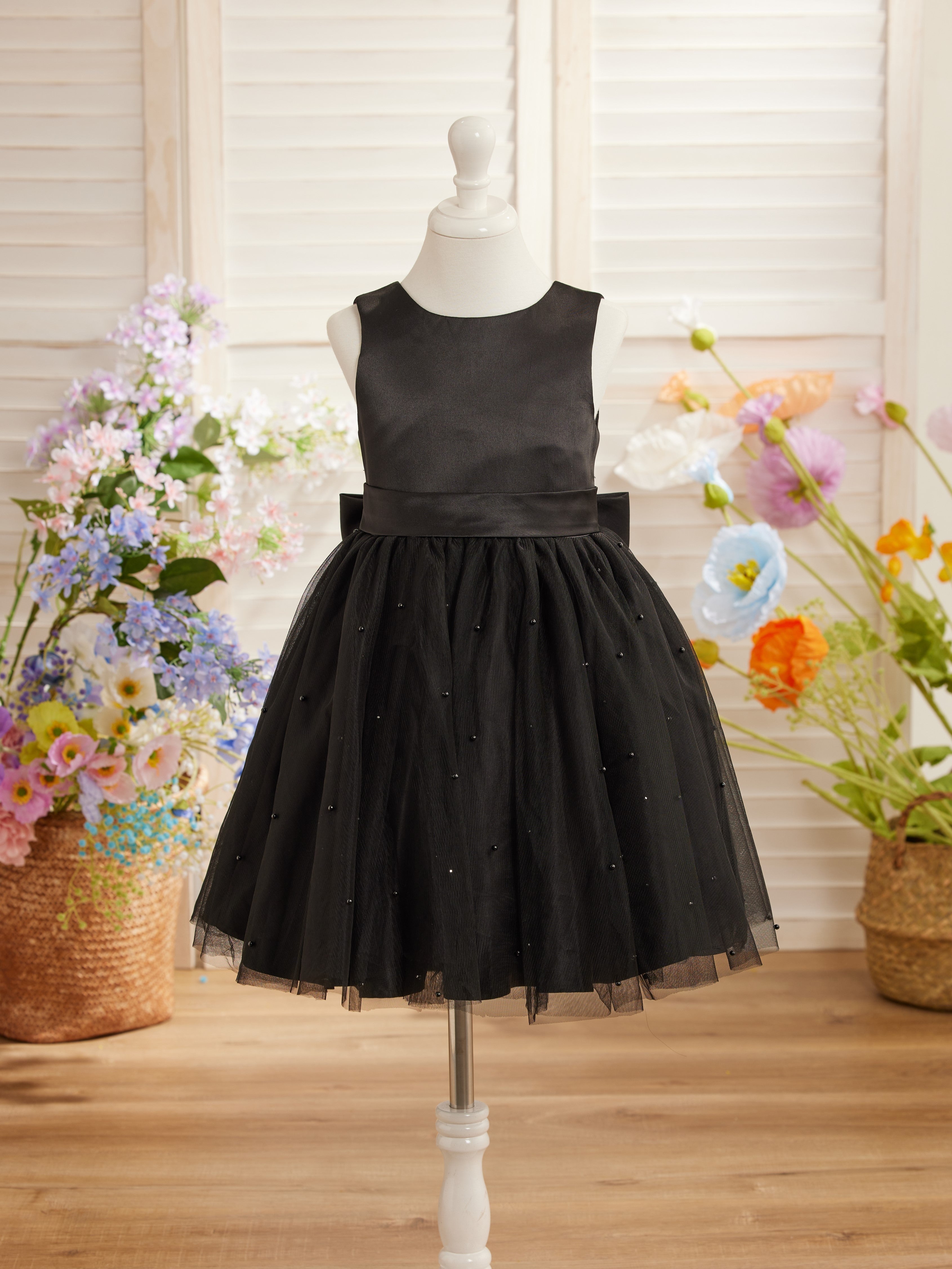 Vestido de niña de las flores de satén, tul y hasta la rodilla, estilo princesa