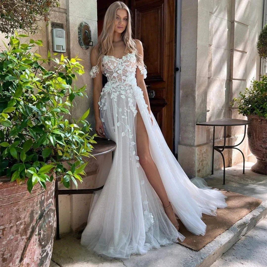 Vintage Lace Applique Wedding Dresses A Line Sweetheart Off The Shoulder Ball Gowns Sexy Side Slit Formal Beach Party Gala-payinti