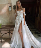 Vintage Lace Applique Wedding Dresses A Line Sweetheart Off The Shoulder Ball Gowns Sexy Side Slit Formal Beach Party Gala-payinti