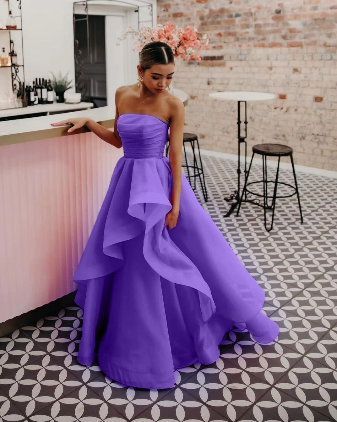 Elisa | Vestido de fiesta de organza rosa claro, corte A, sin tirantes