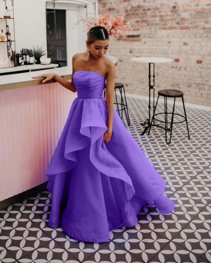 Elisa | Vestido de fiesta de organza rosa claro, corte A, sin tirantes