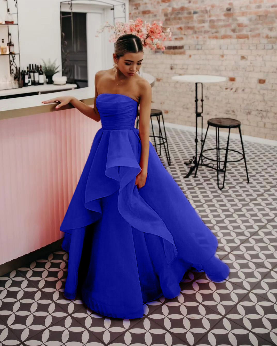 Elisa | Vestido de fiesta de organza rosa claro, corte A, sin tirantes